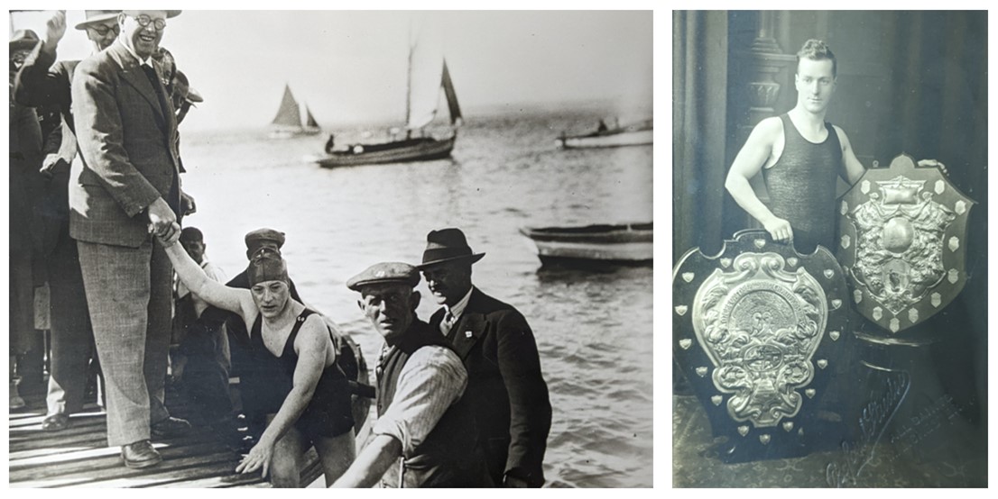 \Two black and white photos: the first shows Charles Daly in a dark swimsuit and cap, being helped out of the water onto a jetty. The second is a studio photo of him posing with two large trophy plaques.